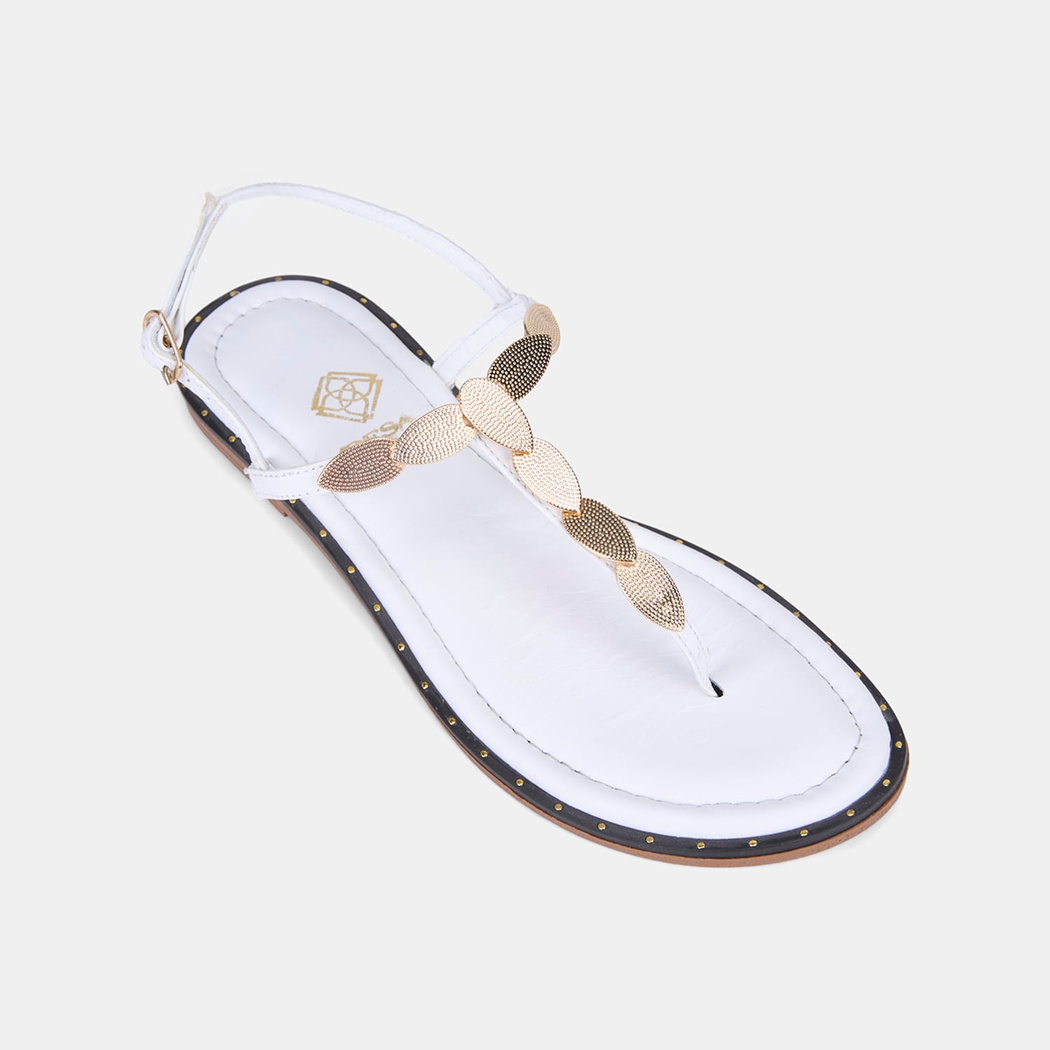 Kadın Beyaz Gold Toka Aksesuarlı Parmak Arası Deri Sandalet