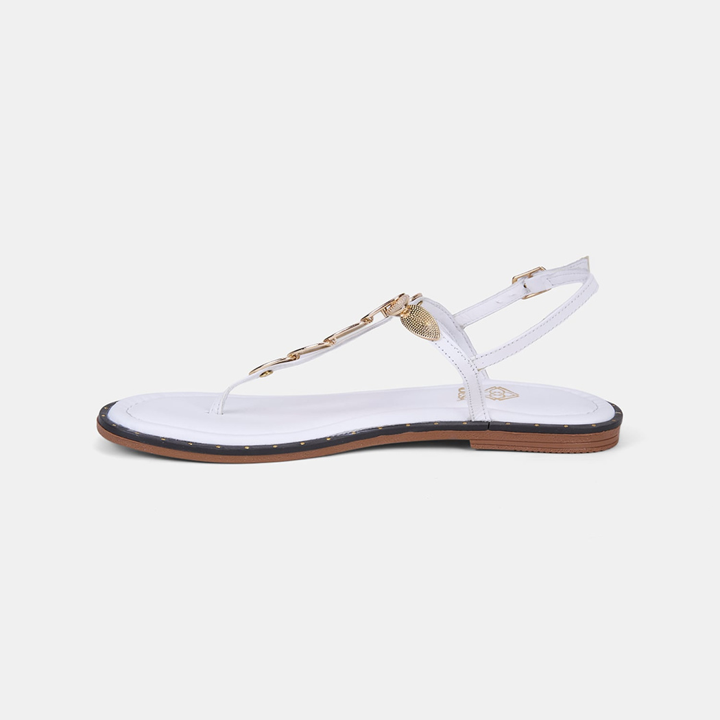 Kadın Beyaz Gold Toka Aksesuarlı Parmak Arası Deri Sandalet