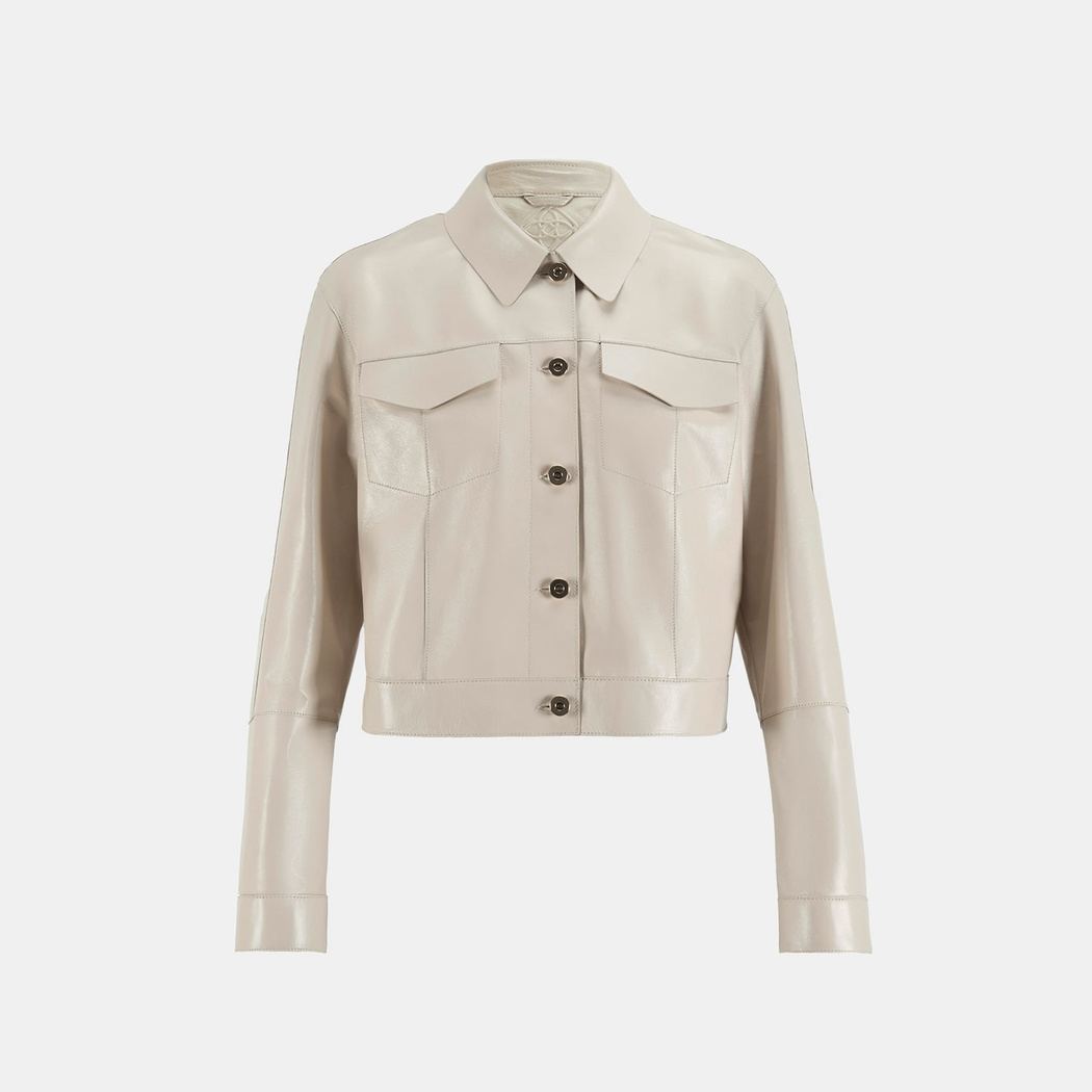 Kadın Beyaz Gömlek Yaka Metal Düğme Detaylı Deri Ceket 