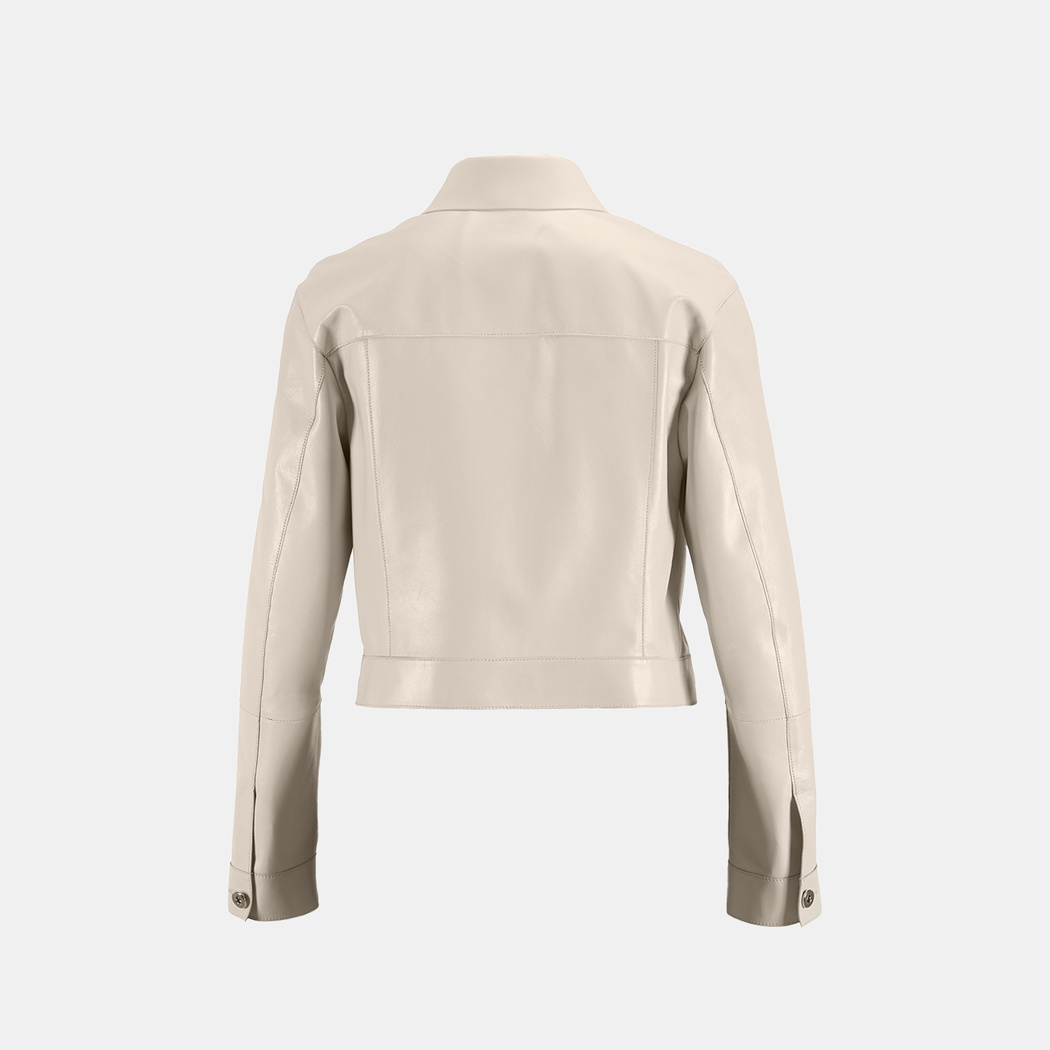 Kadın Beyaz Gömlek Yaka Metal Düğme Detaylı Deri Ceket 