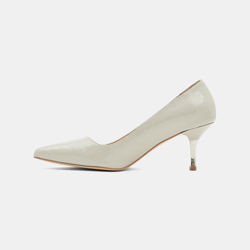 Kadın Beyaz Kroko Baskılı Sivri Burunlu Deri Stiletto