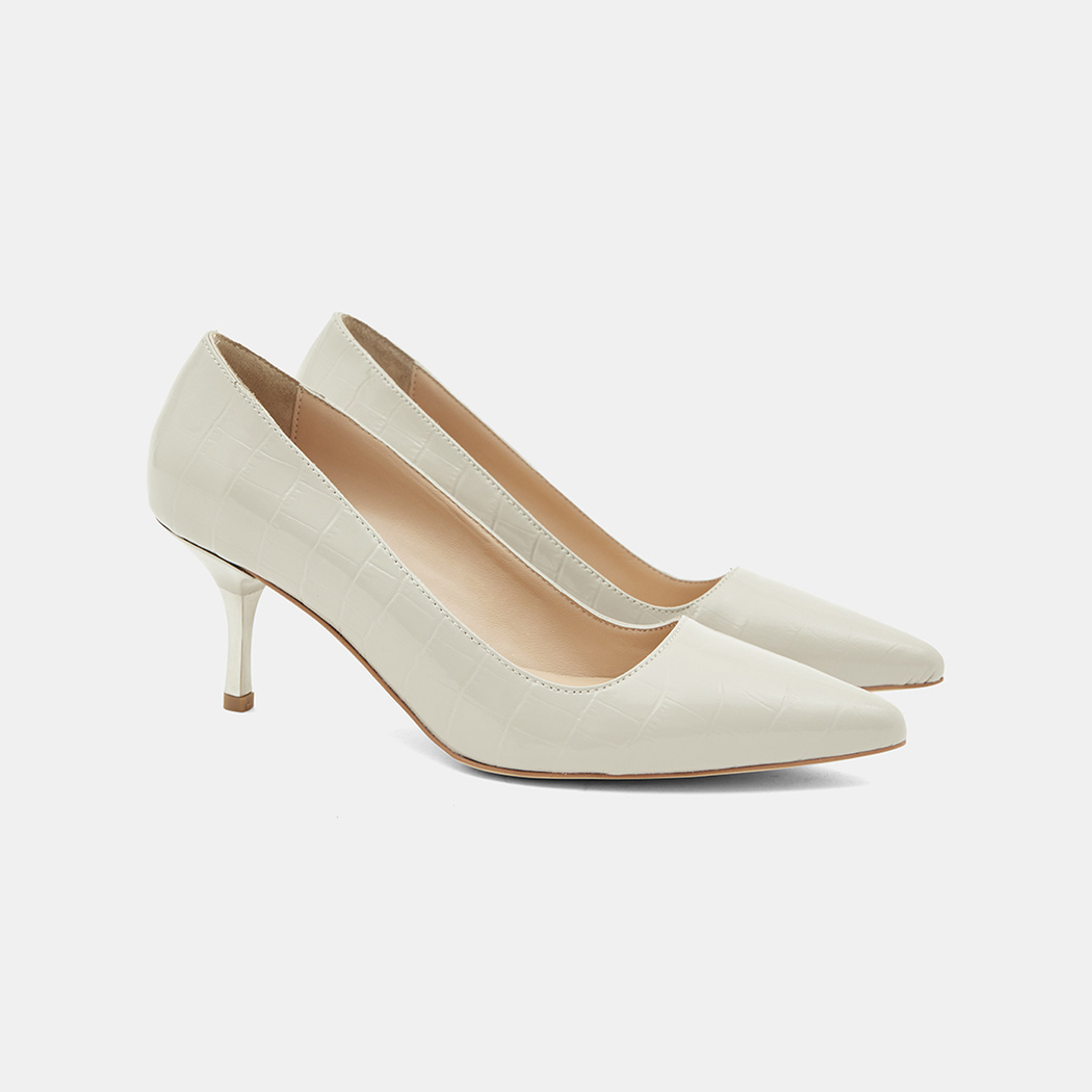 Kadın Beyaz Kroko Baskılı Sivri Burunlu Deri Stiletto