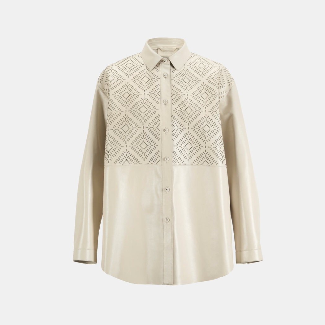 Kadın Beyaz Lazer Kesimli Geometrik Desenli Deri Gömlek