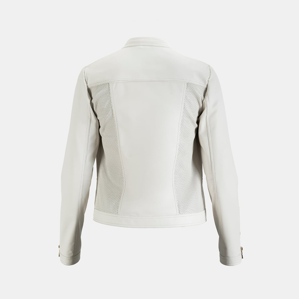 Kadın Beyaz Perfore Detaylı Deri Ceket