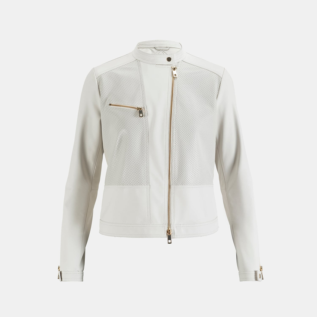 Kadın Beyaz Perfore Detaylı Deri Ceket