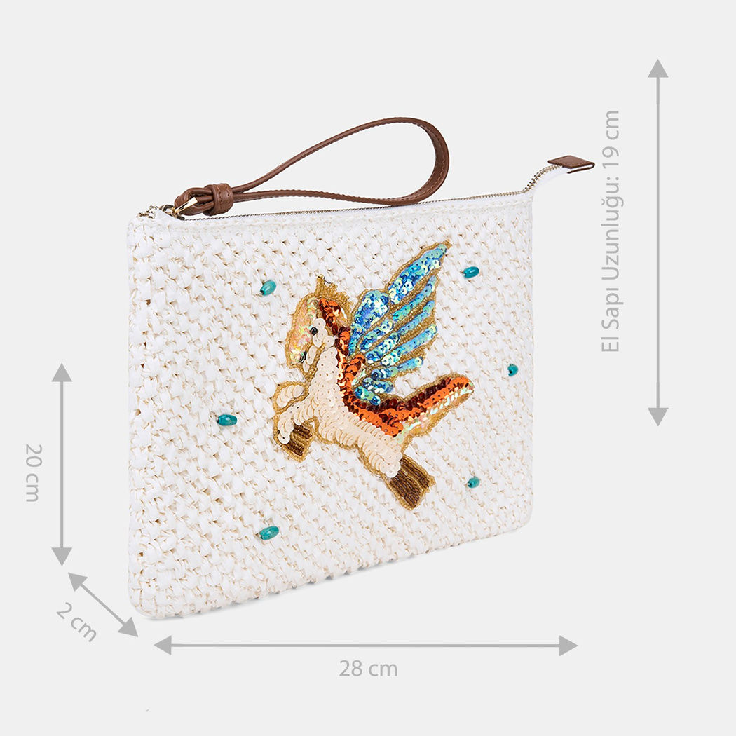 Kadın Beyaz Unicorn Detaylı Hasır Clutch Çanta