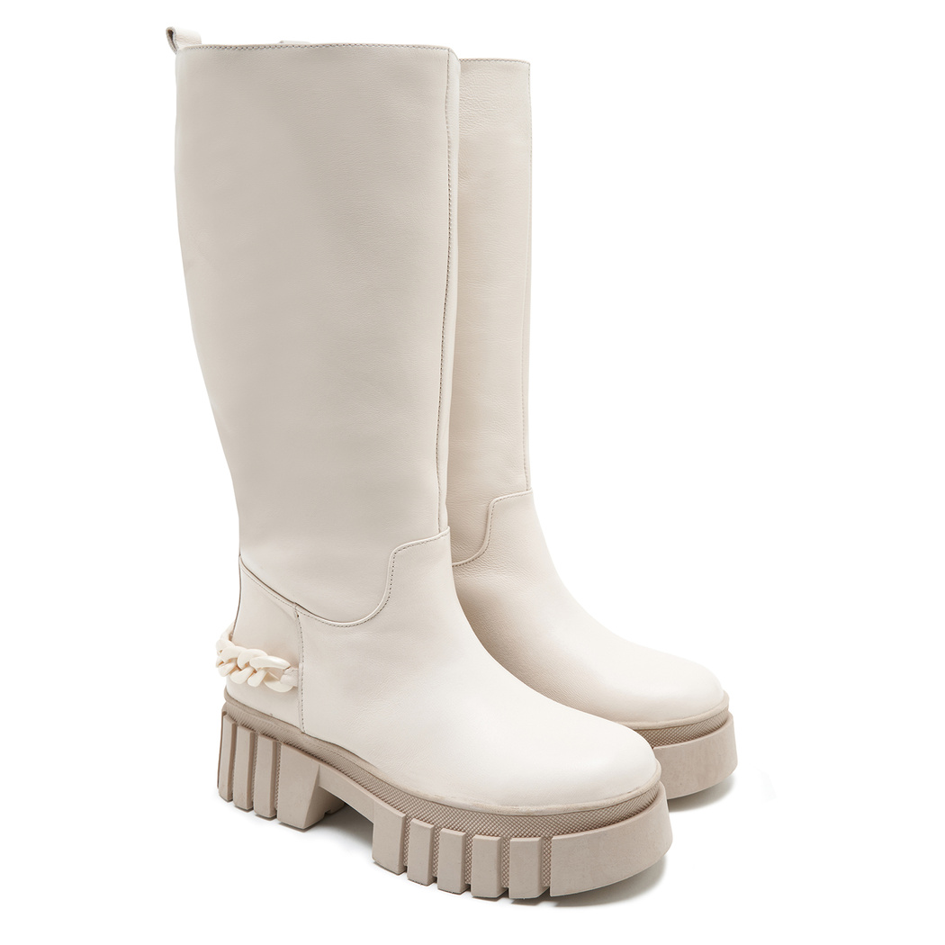 Kadın Beyaz Zincir Detaylı Deri Çizme