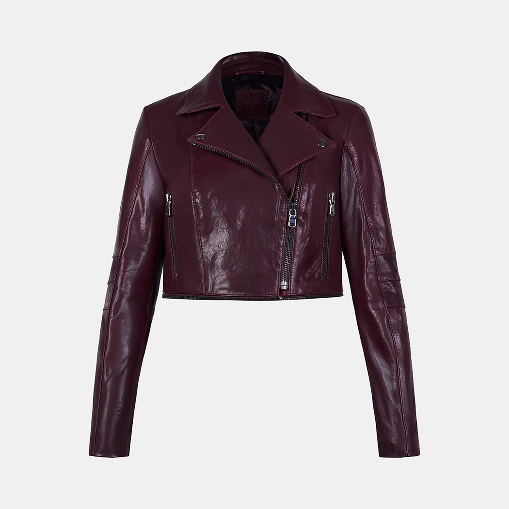 Kadın Bordo Gömlek Yakalı Çift Boy Kullanımlı Biker Deri Ceket