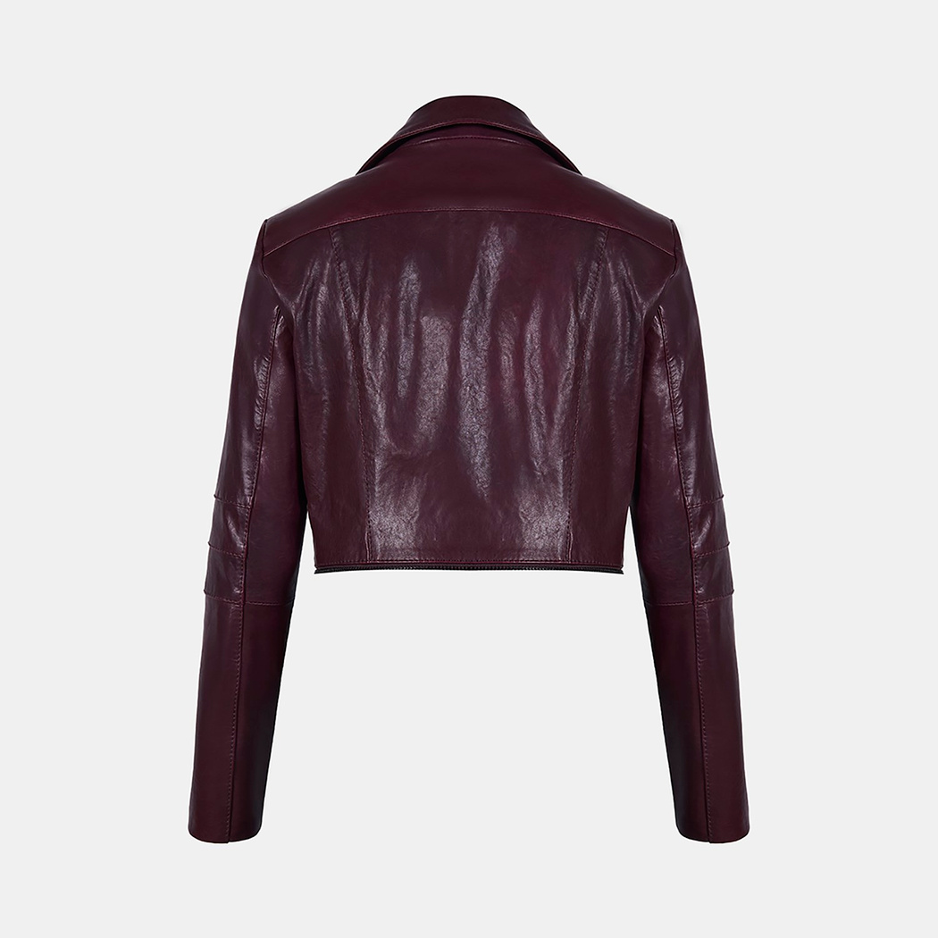 Kadın Bordo Gömlek Yakalı Çift Boy Kullanımlı Biker Deri Ceket