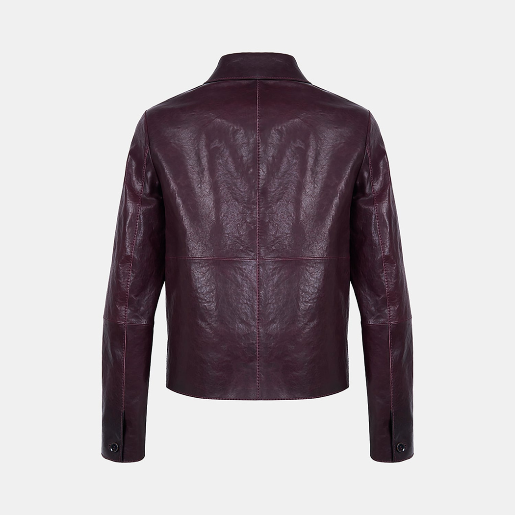 Kadın Bordo Gömlek Yakalı Düğmeli Kısa Deri Ceket