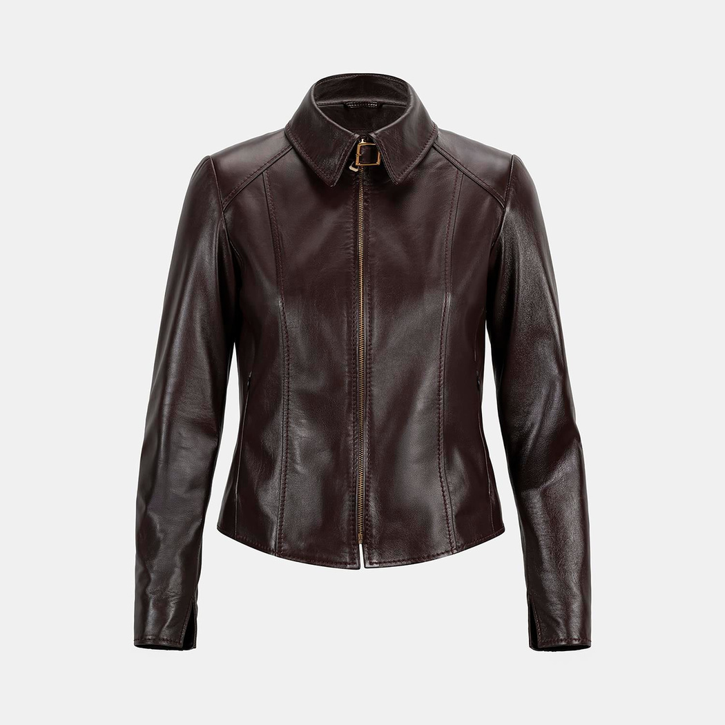 Kadın Bordo Gömlek Yakalı Fit Deri Ceket