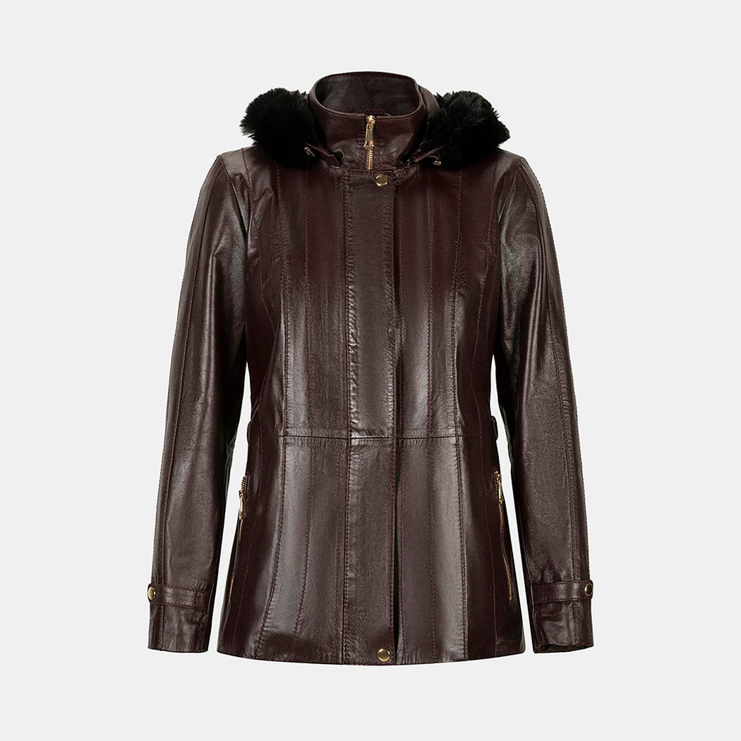 Kadın Bordo Kapüşonlu Deri Mont