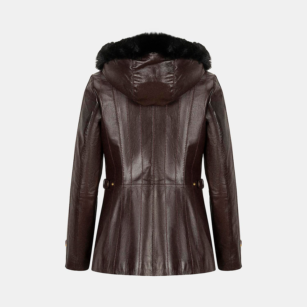Kadın Bordo Kapüşonlu Deri Mont