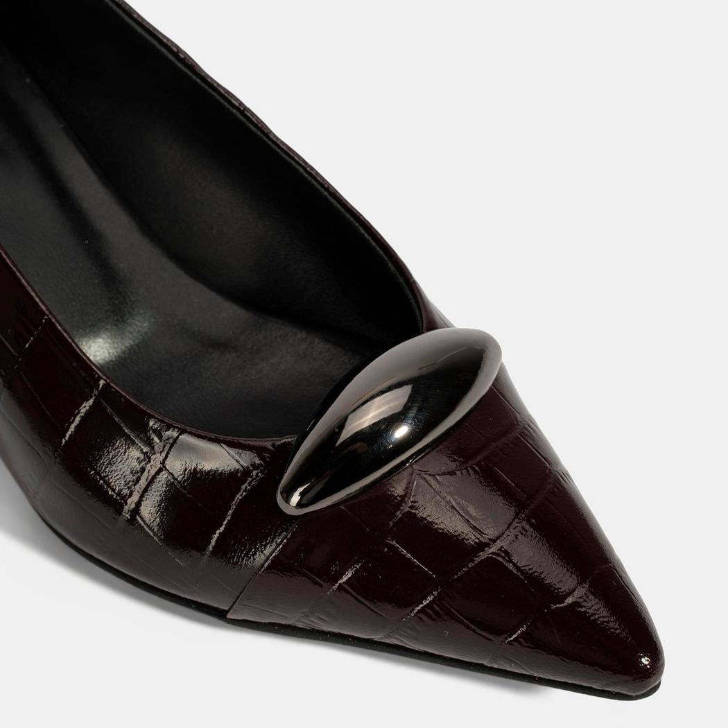 Kadın Bordo Kroko Baskılı Deri Topuklu Ayakkabı