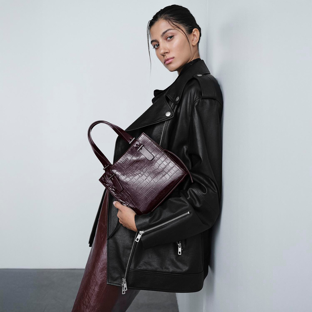 Kadın Bordo Kroko Baskılı Rugan Deri El Çantası