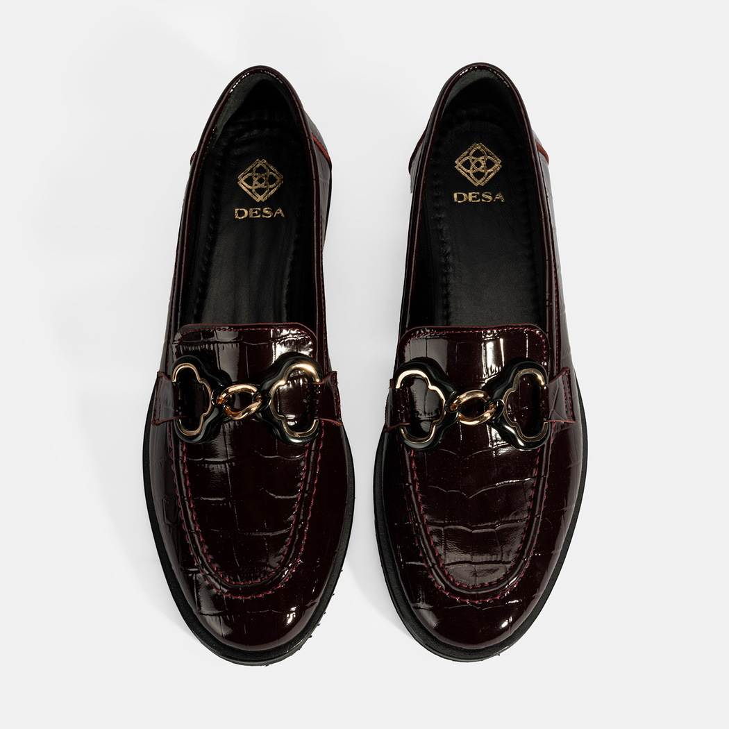Kadın Bordo Kroko Baskılı Toka Detaylı Deri Loafer