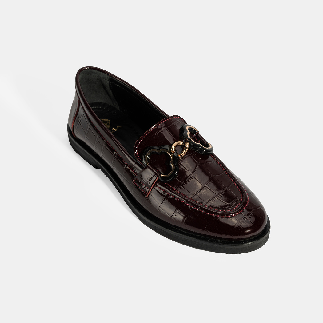 Kadın Bordo Kroko Baskılı Toka Detaylı Deri Loafer