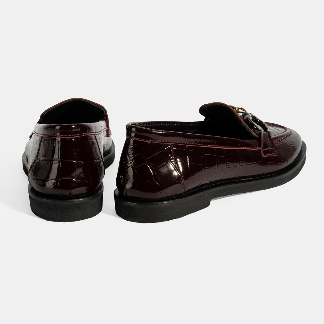 Kadın Bordo Kroko Baskılı Toka Detaylı Deri Loafer