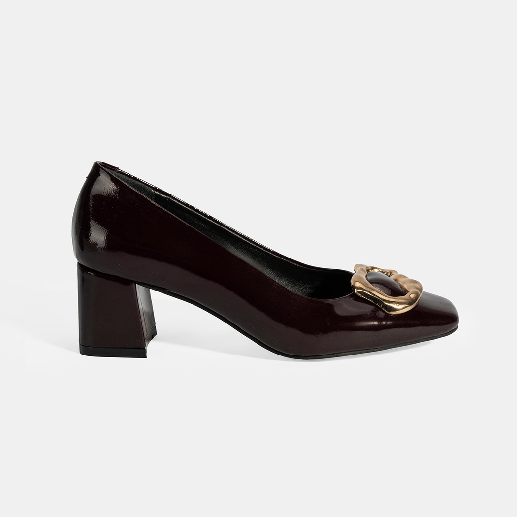 Kadın Bordo Metal Toka Aksesuarlı Rugan Topuklu Ayakkabı