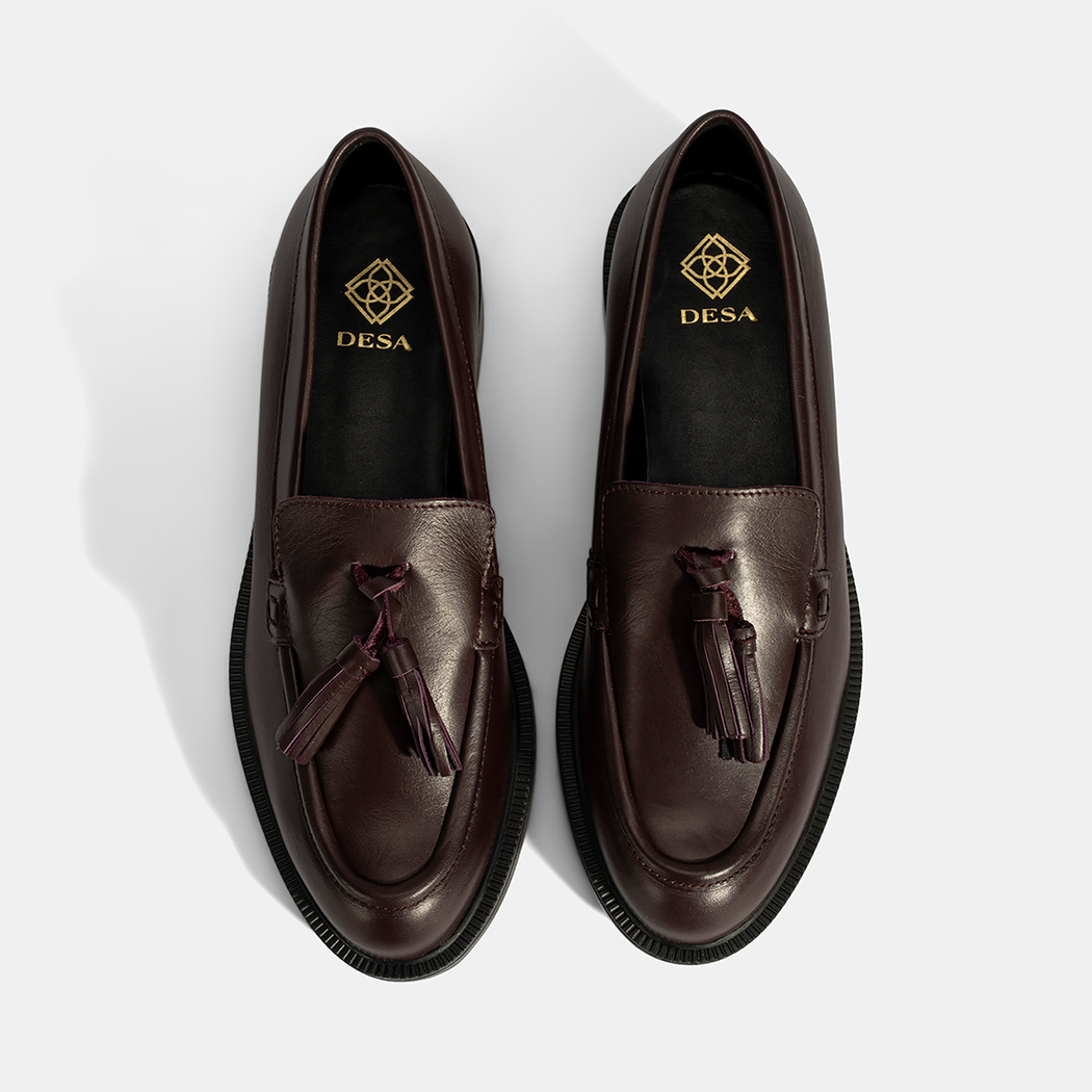 Kadın Bordo Püskül Detaylı Deri Loafer