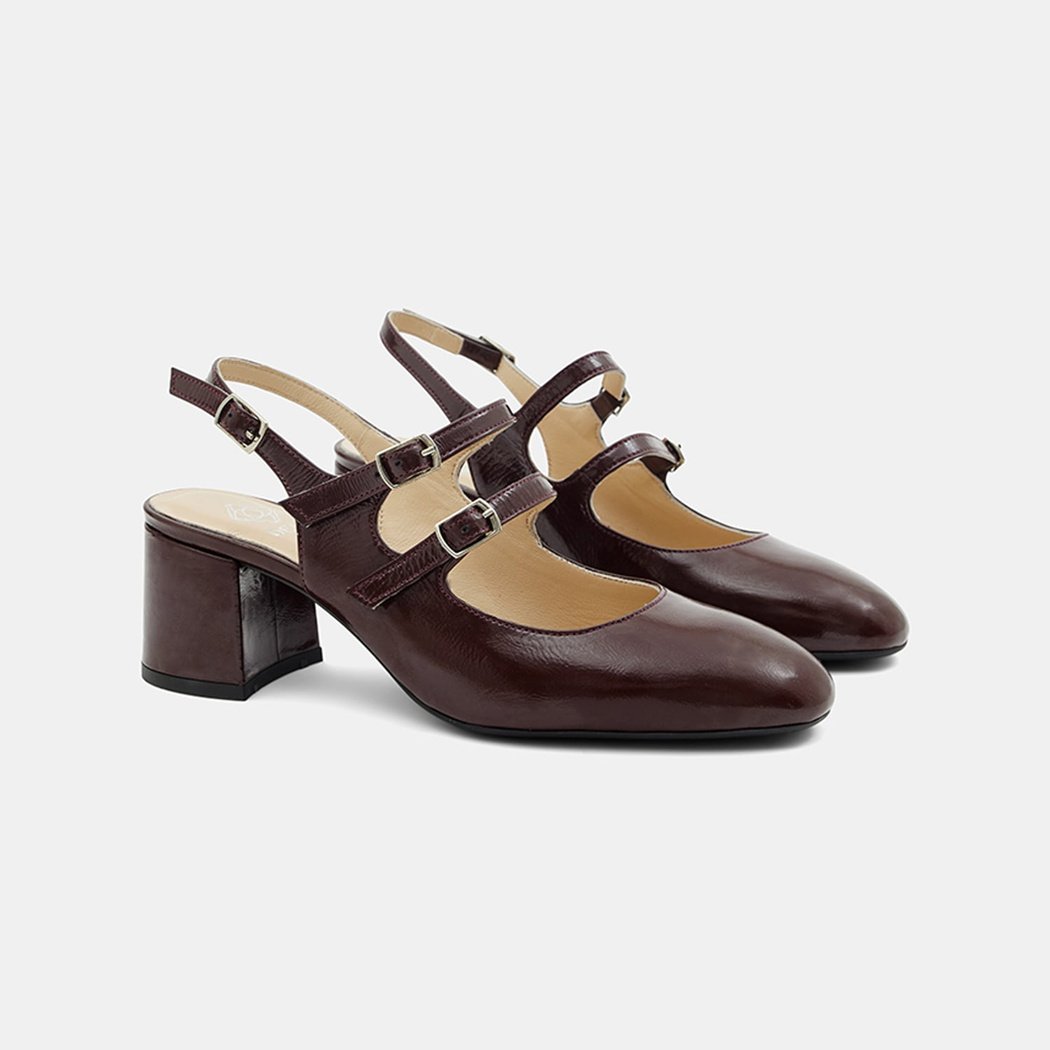 Kadın Bordo Tokalı Kalın Topuklu Klasik Rugan Deri Ayakkabı