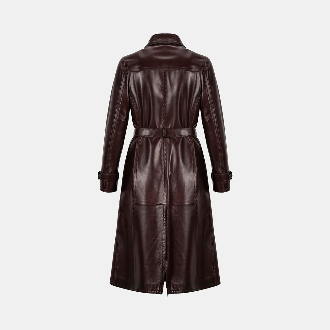 Kadın Bordo Yakalı Deri Trençkot