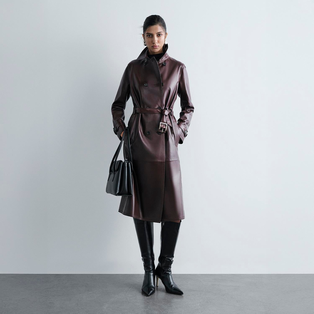 Kadın Bordo Yakalı Deri Trençkot
