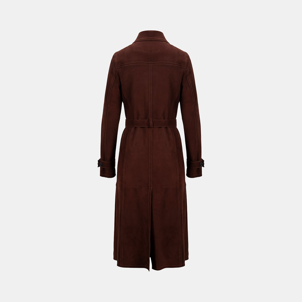 Kadın Bordo Yakalı Süet Deri Trençkot