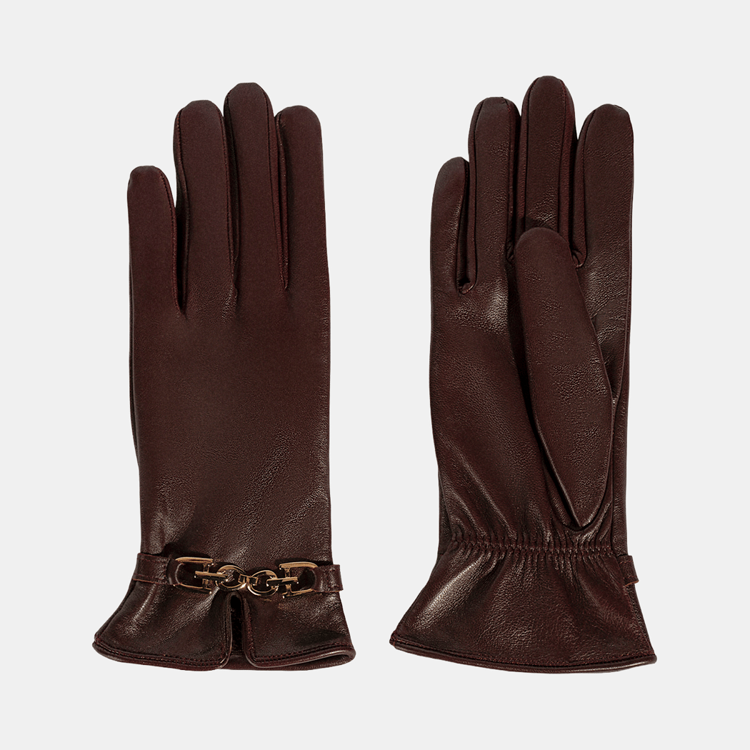 Kadın Bordo Zincir Aksesuarlı Deri Eldiven
