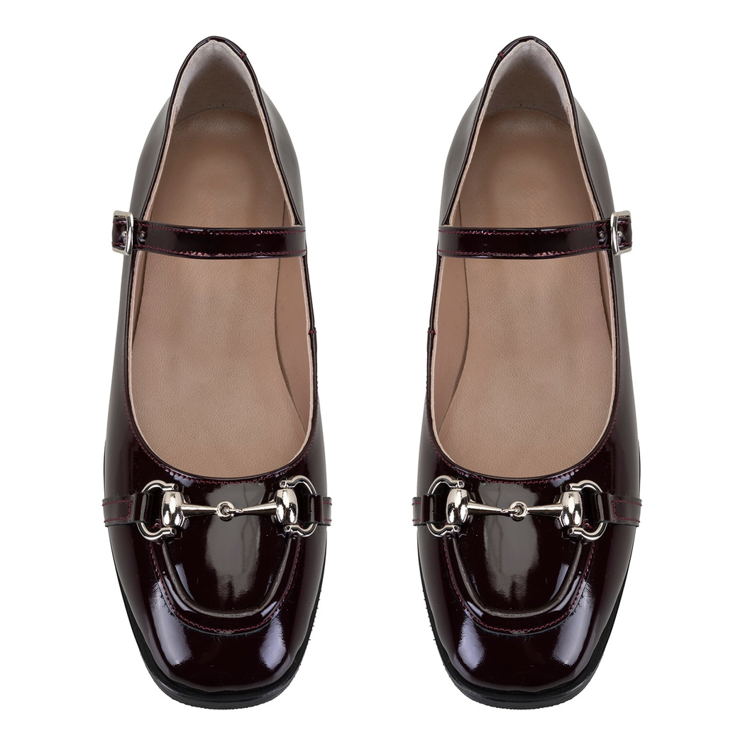 Kadın Bordo Zincir Detaylı Mary Jane Rugan Deri Babet