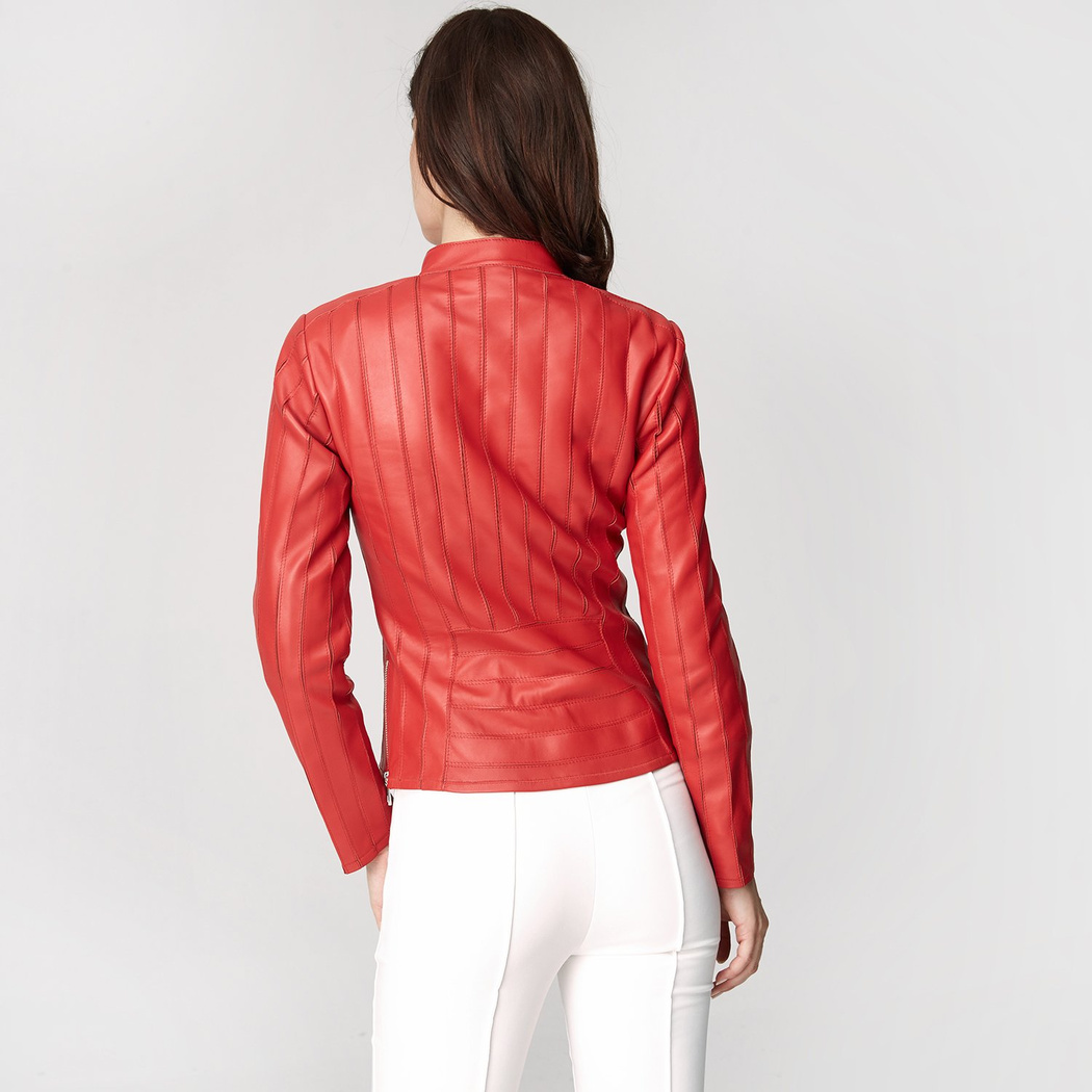 Kadın Deri Fit Panelli Biker Ceket