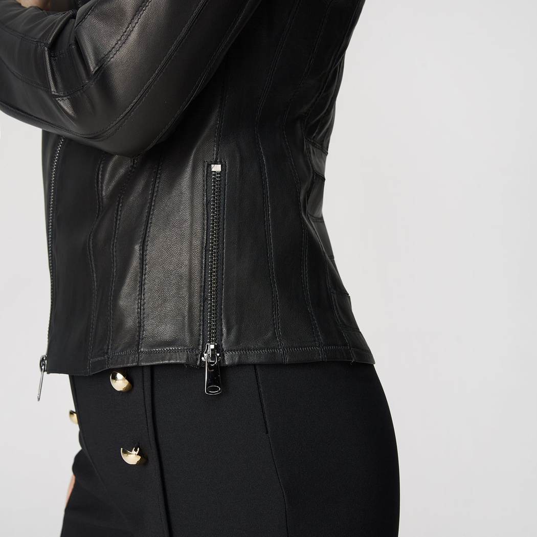 Kadın Deri Fit Panelli Biker Ceket