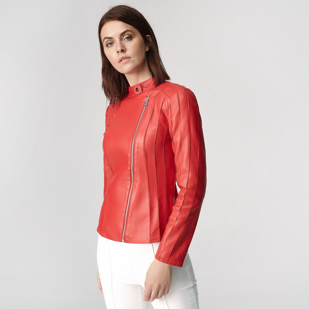 Kadın Deri Fit Panelli Biker Ceket