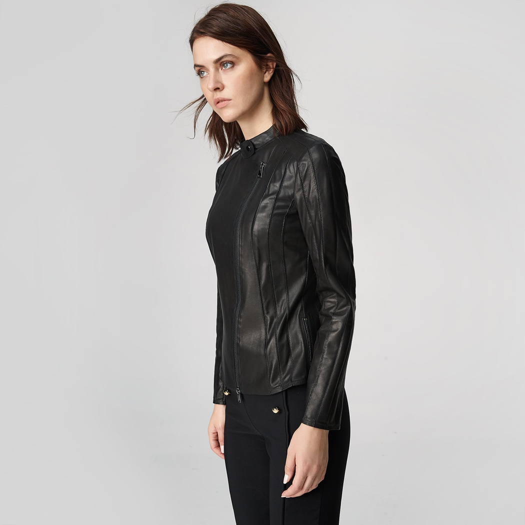 Kadın Deri Fit Panelli Biker Ceket