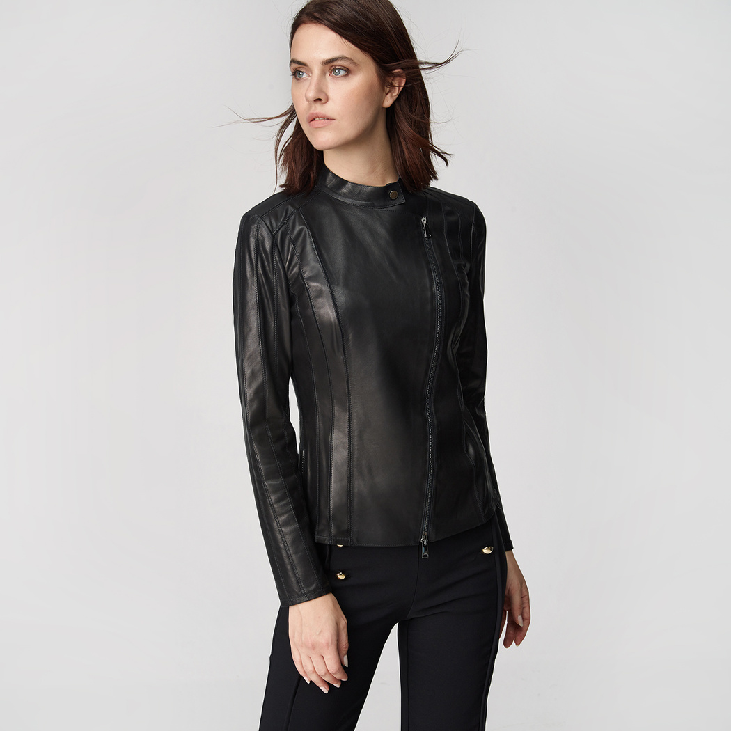 Kadın Deri Fit Panelli Biker Ceket