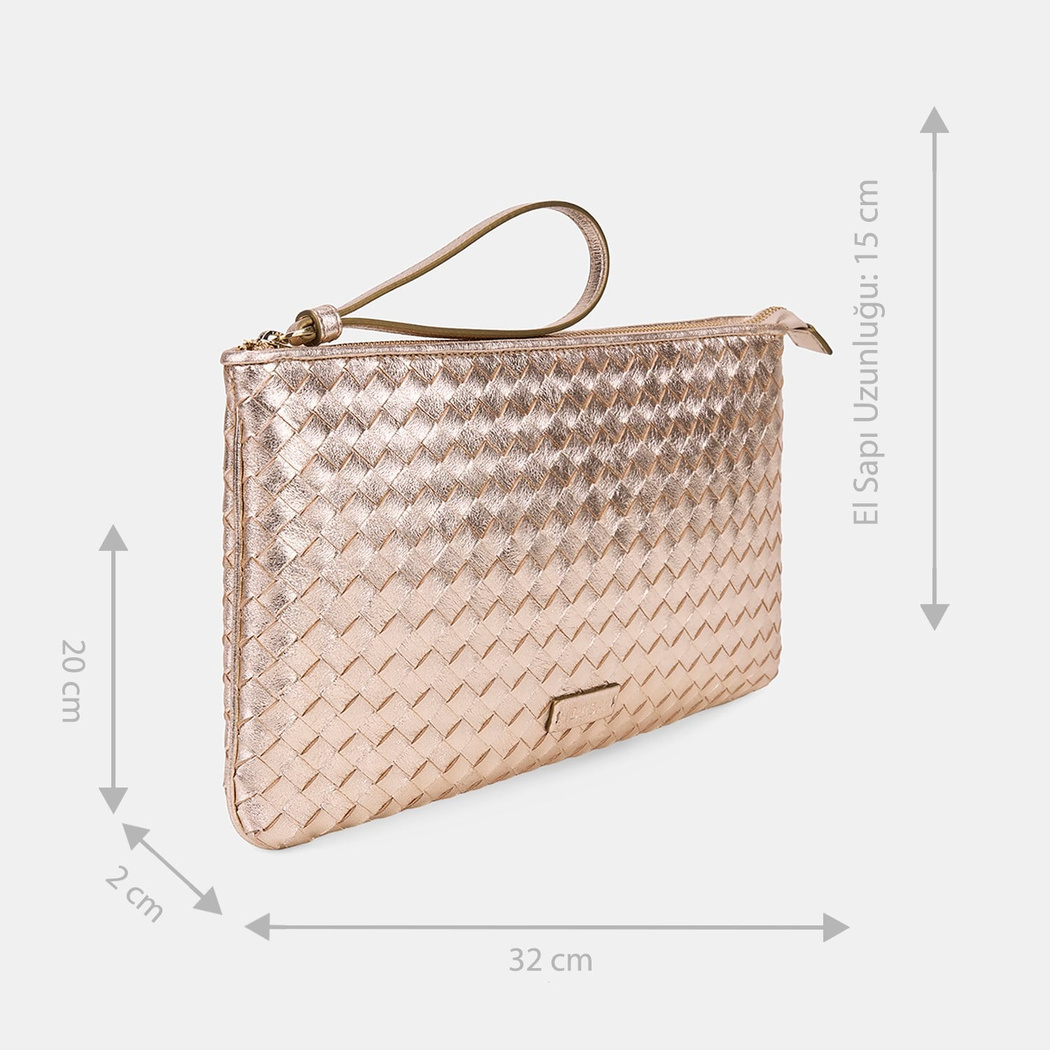 Kadın Gold El Örgüsü Deri Clutch