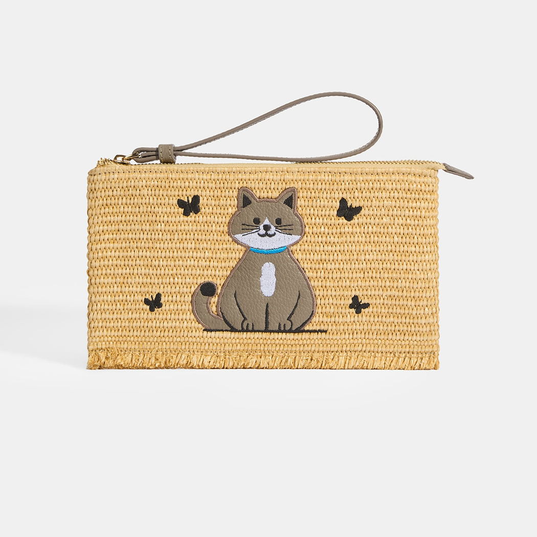 Kadın Gri Kedi Nakışlı Hasır Clutch