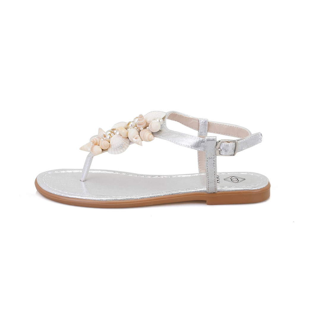 Kadın Gümüş Aksesuarlı Parmak Arası Deri Sandalet