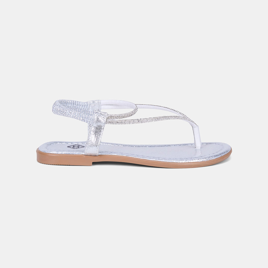 Kadın Gümüş Arkası Lastikli Taş Detaylı Parmak Arası Sandalet