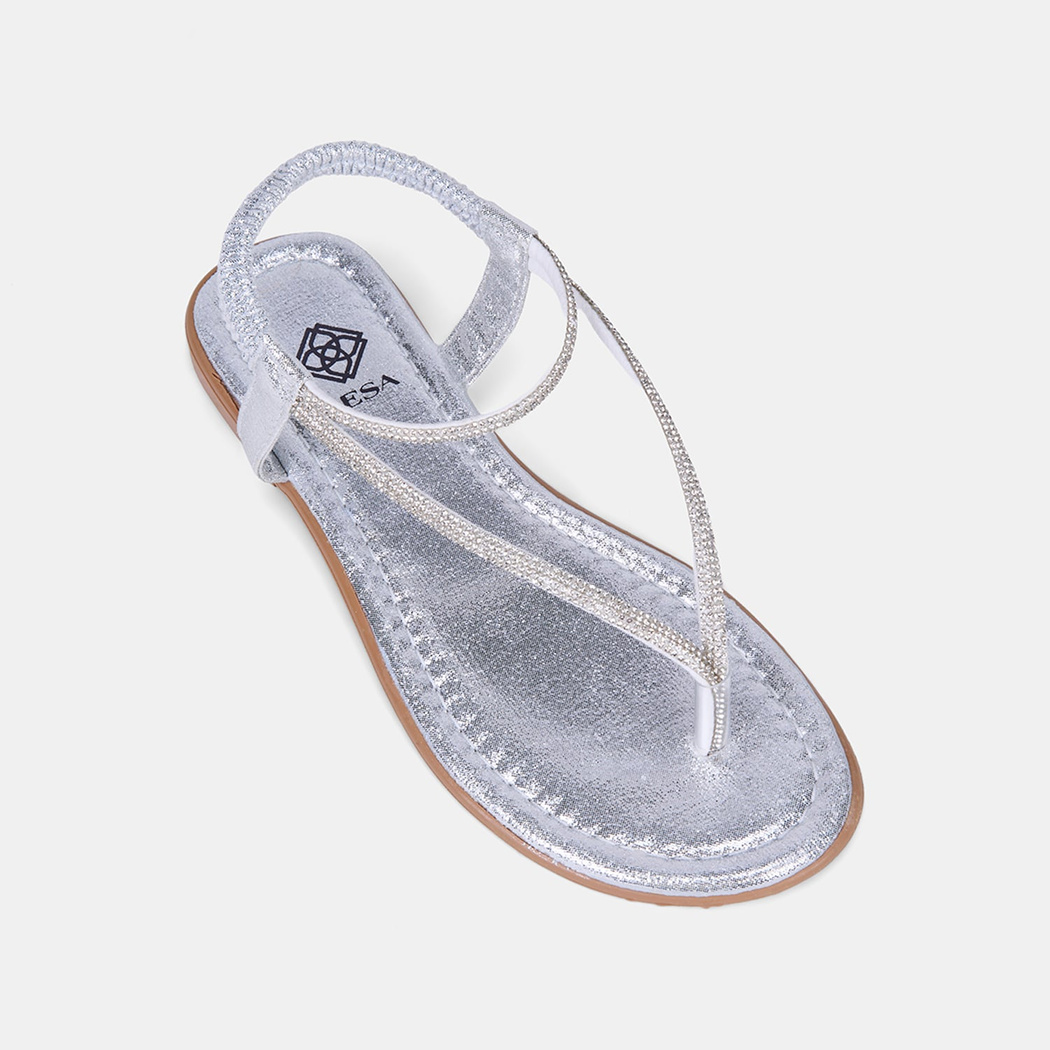 Kadın Gümüş Arkası Lastikli Taş Detaylı Parmak Arası Sandalet