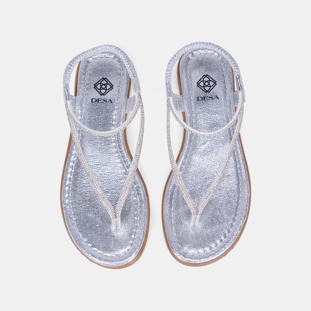 Kadın Gümüş Arkası Lastikli Taş Detaylı Parmak Arası Sandalet