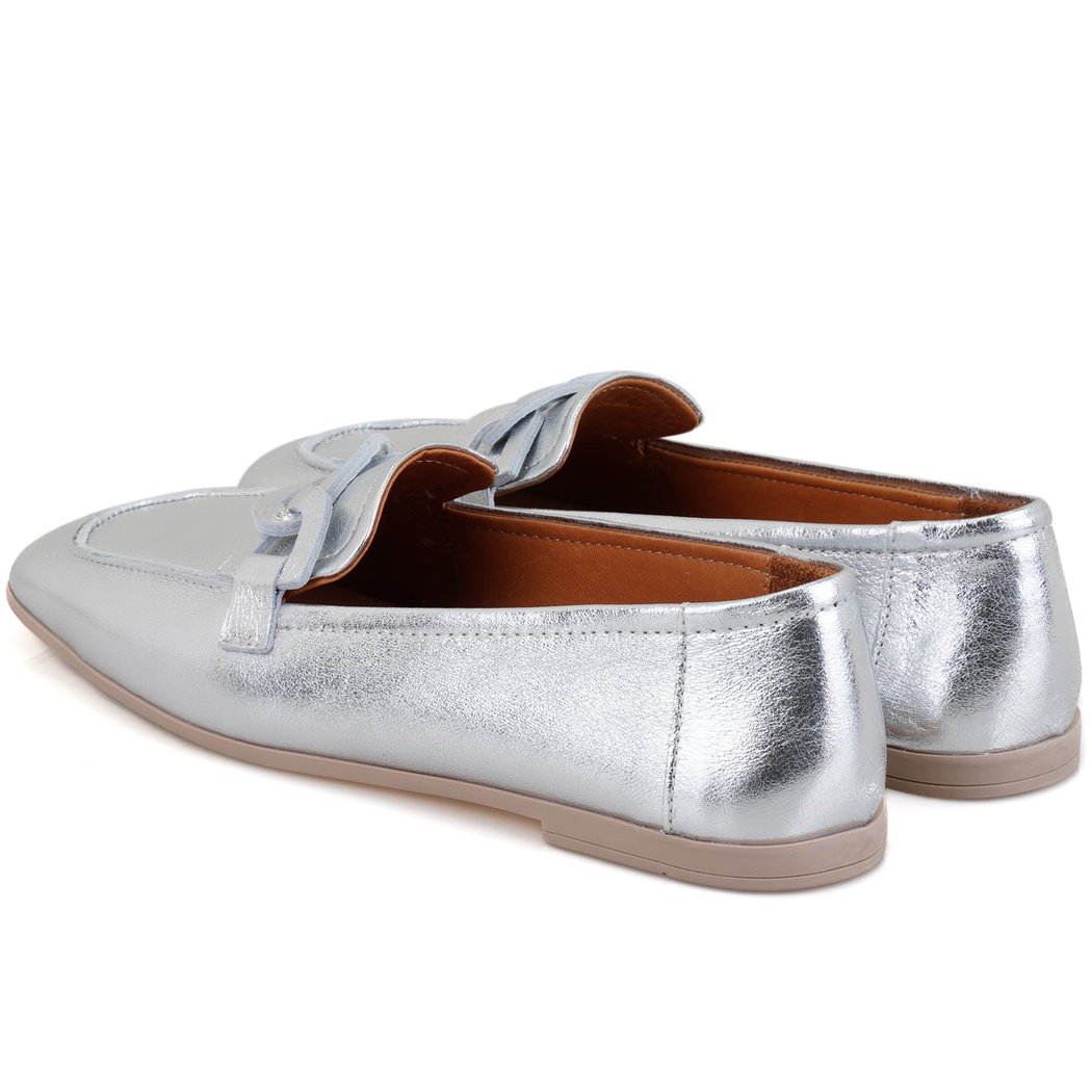 Kadın Gümüş Deri Loafer