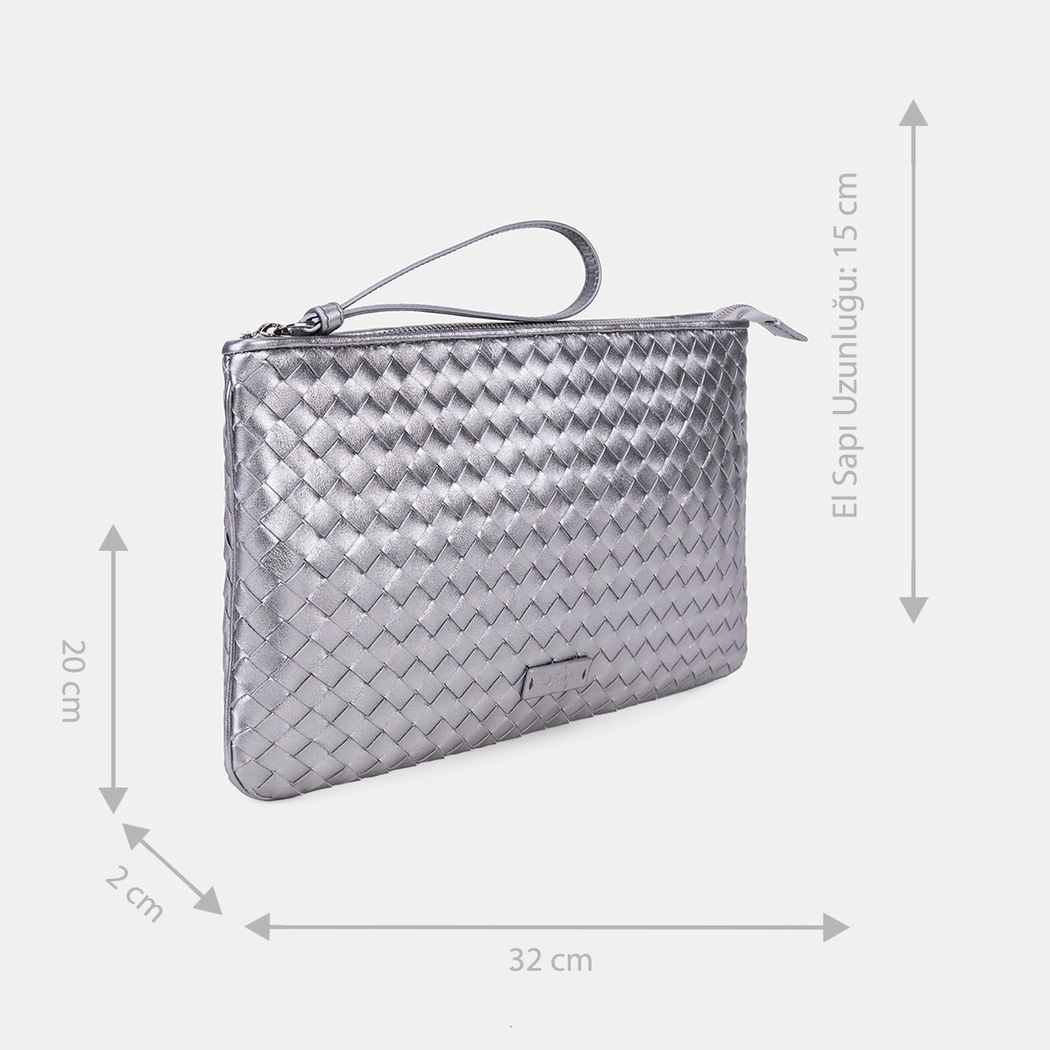 Kadın Gümüş El Örgüsü Deri Clutch