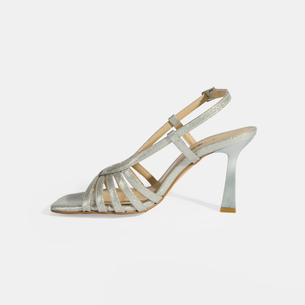 Kadın Gümüş Simli Topuklu Abiye Sandalet