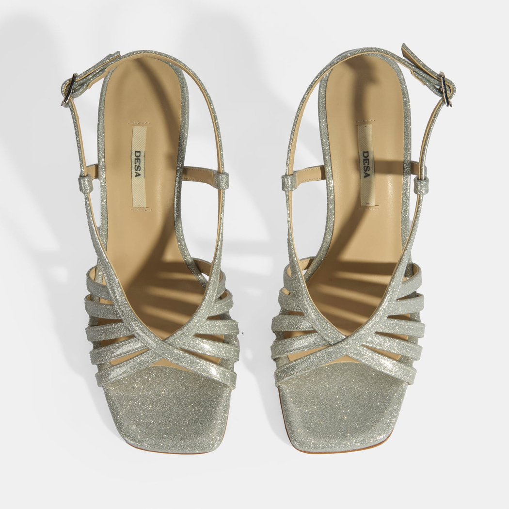 Kadın Gümüş Simli Topuklu Abiye Sandalet