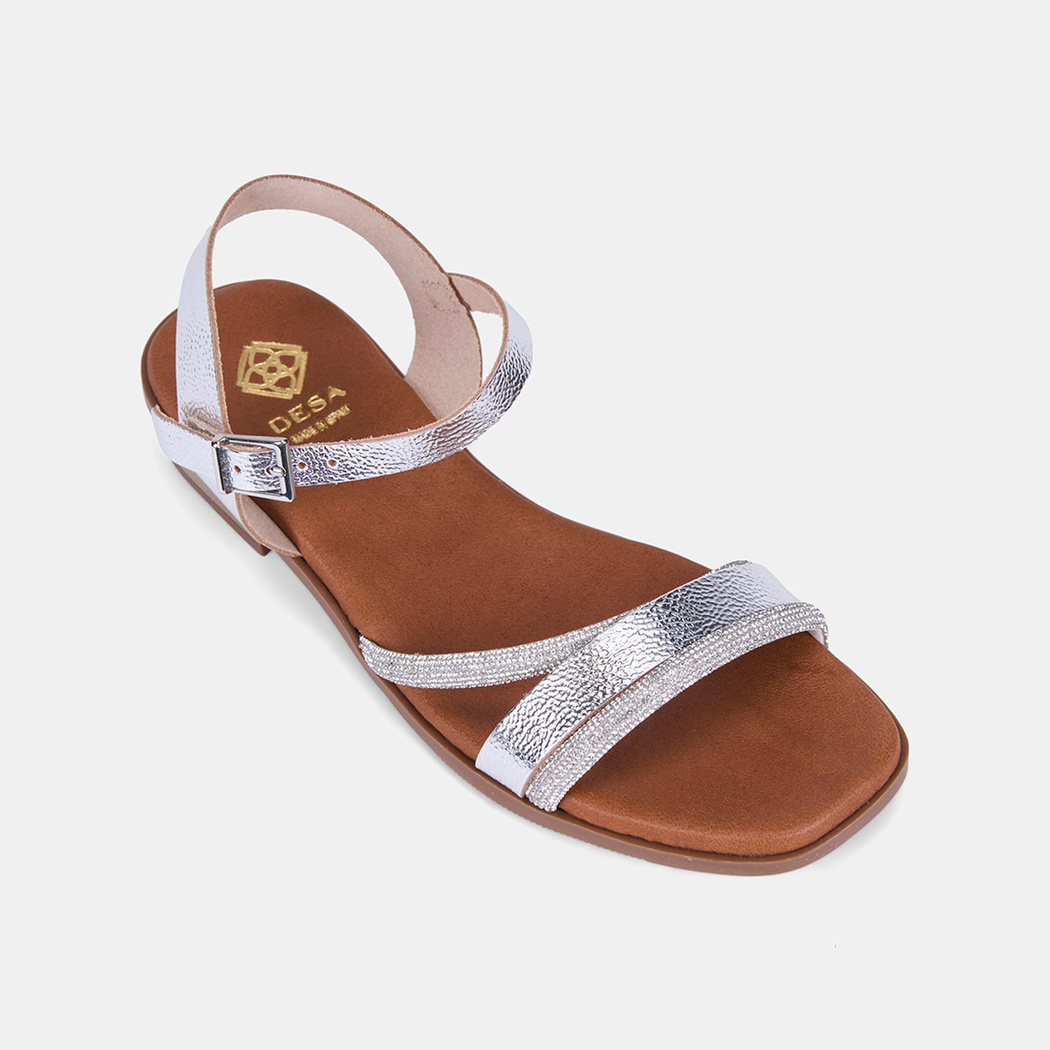 Kadın Gümüş Taş İşlemeli İnce Bantlı Deri Sandalet