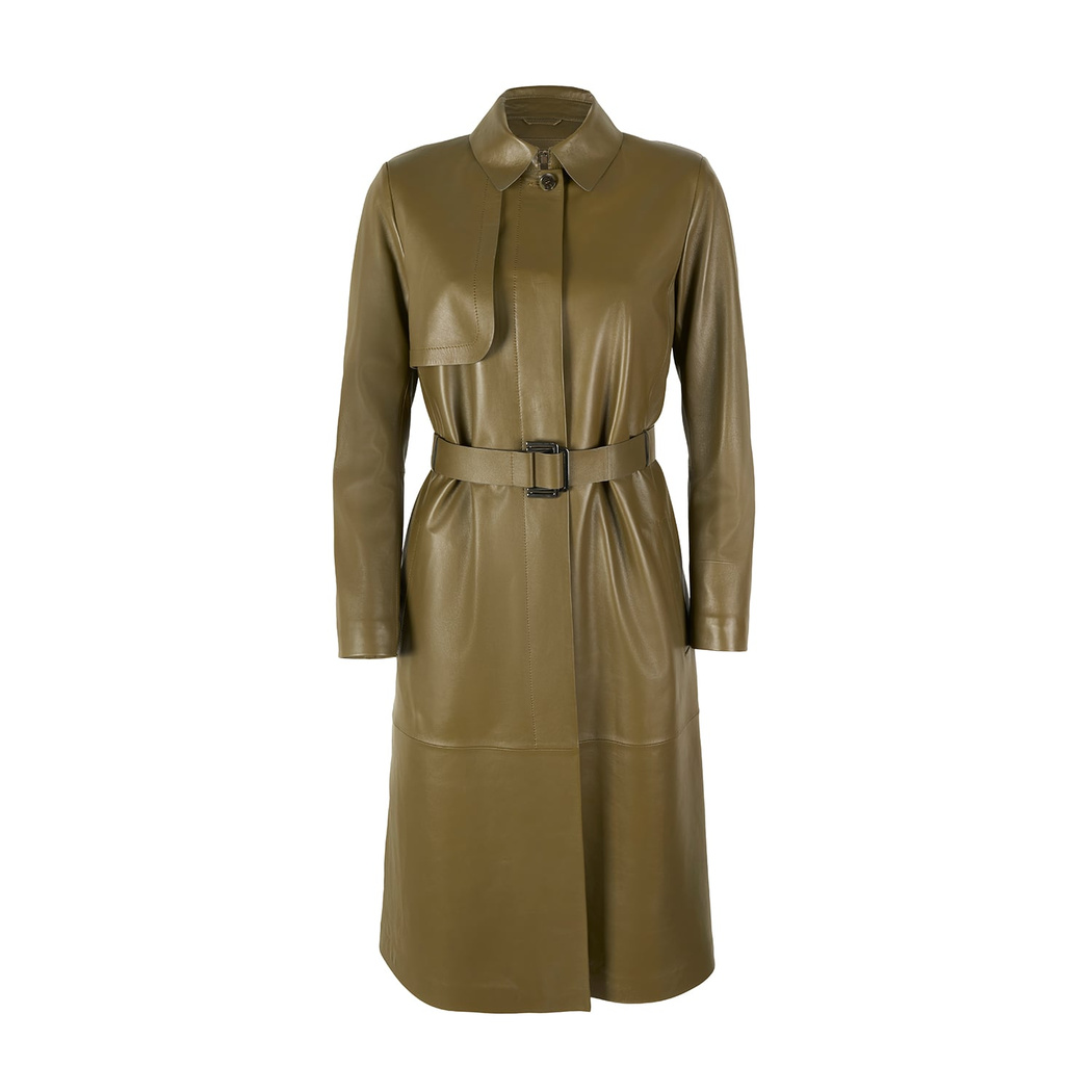 Kadın Haki Uzun Gömlek Yaka Deri Trençkot