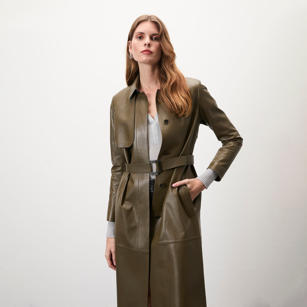 Kadın Haki Uzun Gömlek Yaka Deri Trençkot