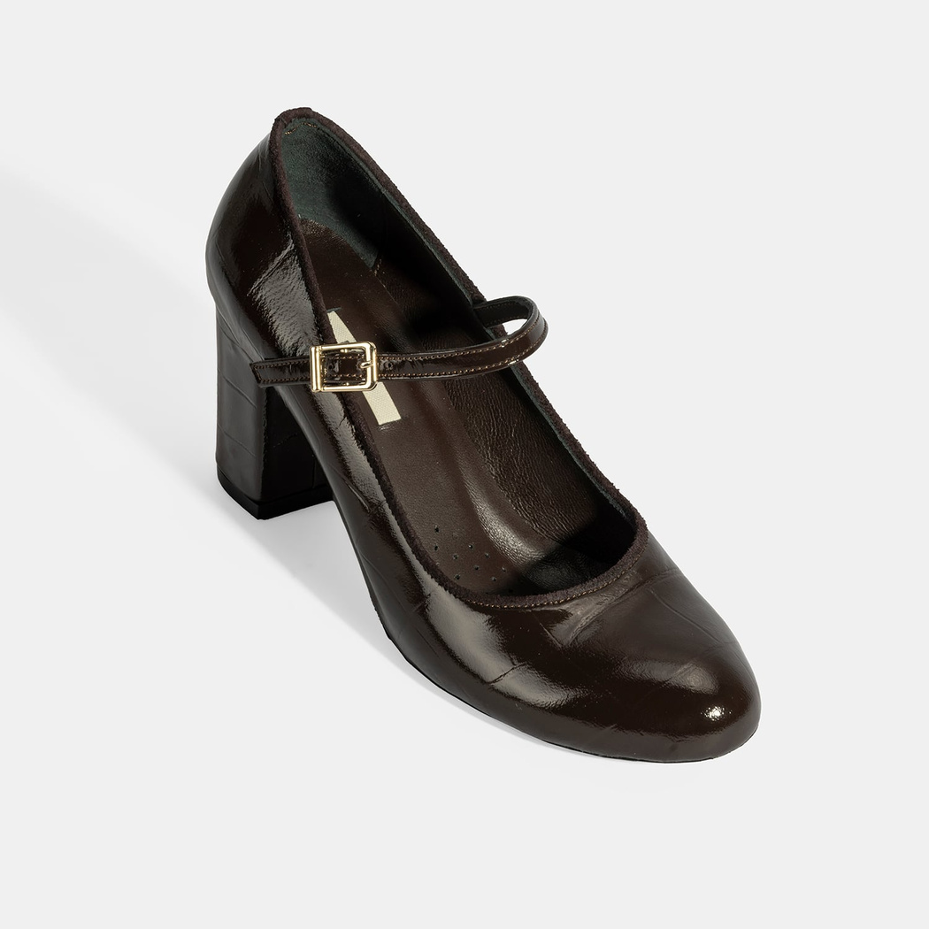 Kadın Kahve Ayarlanabilir Metal Tokalı Mary Jane Topuklu Ayakkabı