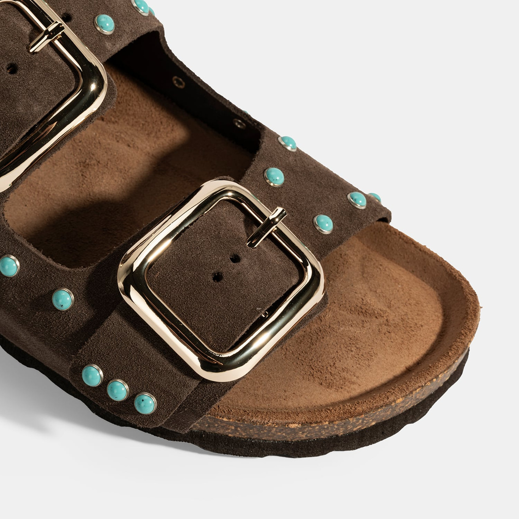 Kadın Kahve Ayarlanabilir Tokalı Süet Terlik